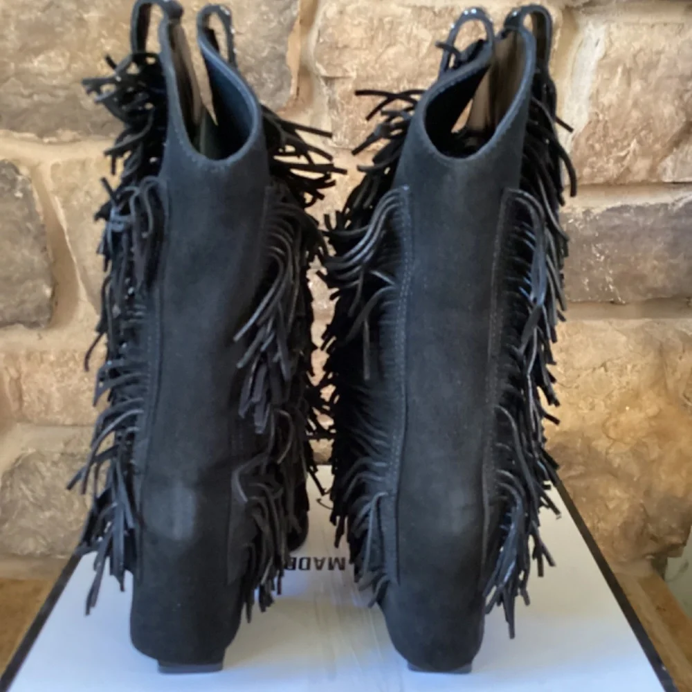 Steve Madden Landmark Boots Women 10 Black Suede Fringe Italy NIB Western - Picture 5 of 8